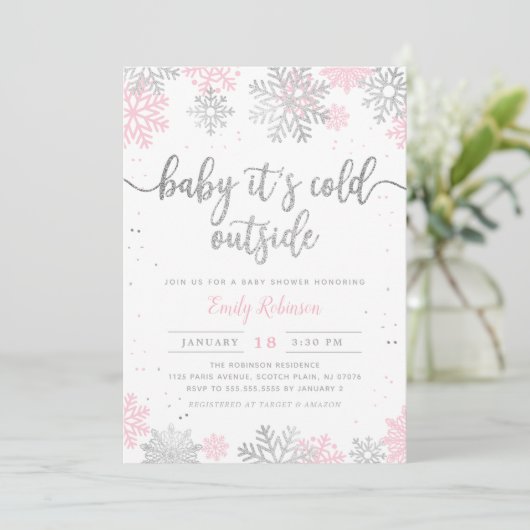 Rosa und Silberschneeflocken Winter Girl Babydusch Einladung (Stehend Vorderseite)