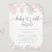 Rosa und Silberschneeflocken Winter Girl Babydusch Einladung (Vorne/Hinten)