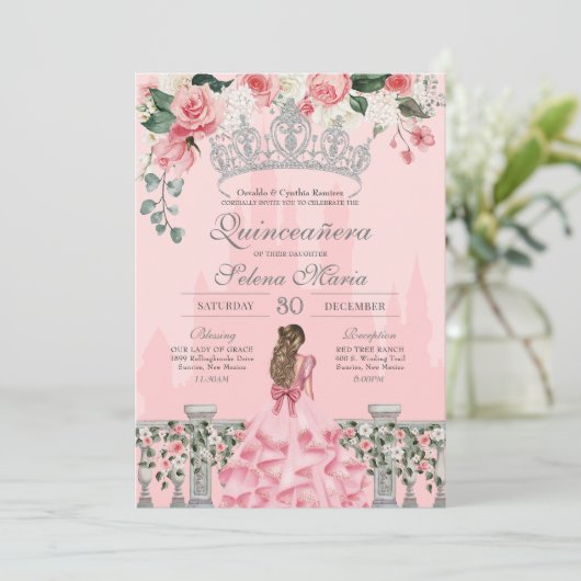 Rosa und Silver Royal Princess Quinceanera Einladung (Stehend Vorderseite)