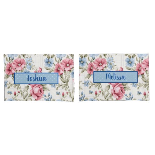 Rosa und Sky Blue Floral - Polka Dot - Mit Monogra Kissenbezug (Vorderseite-Set)