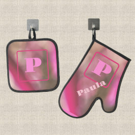 Rosa und Taupe Camouflage Abstrakt Chic Mit Monogr Ofenhandschuh & Topflappen-Set