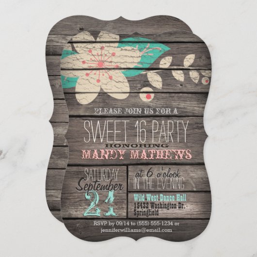Rosa und Türkis Rustikales Holz Süß 16 Party Einladung (Vorne/Hinten)