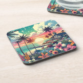 Rosa und Türkisblau | Beach Art Getränkeuntersetzer (Linke Seite)