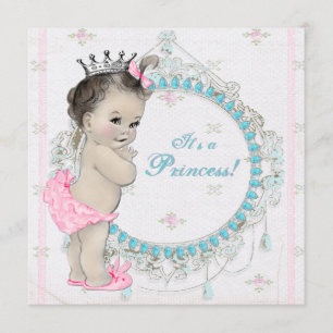 Rosa und Türkisblaue Vintage-Prinzessin-Baby-Party Einladung