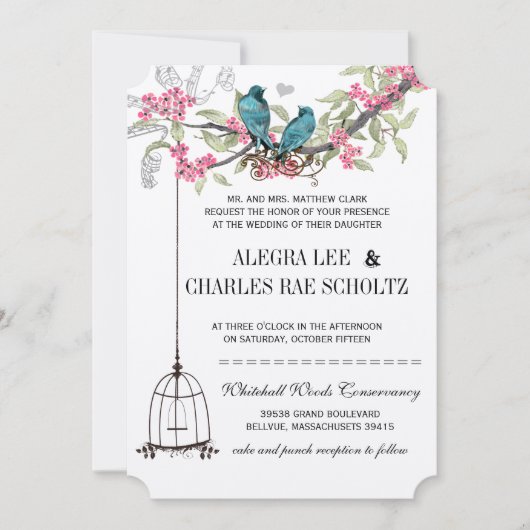 Rosa und türkisfarbene Cherry Blossom Vögel Hochze Einladung (Vorderseite)