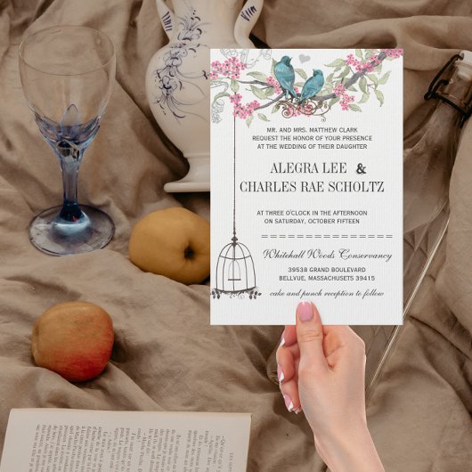 Rosa und türkisfarbene Cherry Blossom Vögel Hochze Einladung