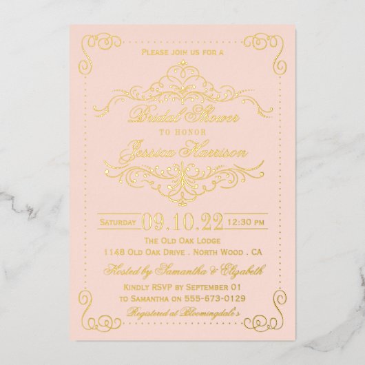 Rosa und Verzierte Wirbel Brautparty Real Folieneinladung (Vorderseite)