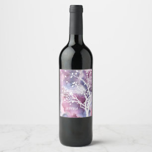 Rosa und violett Tinte und weiße Baum-Silhouette Weinetikett
