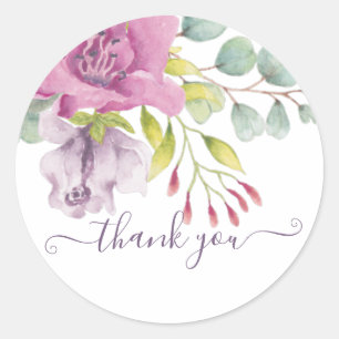 Rosa und violette Aquarell-Blumen danke Runder Aufkleber