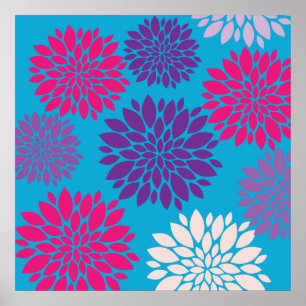 Rosa und violette Blumen auf Aquamarinem Blau Poster