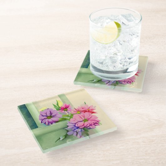 Rosa und violette Blumen auf Fensterfläche Glasuntersetzer (Schrägansicht)