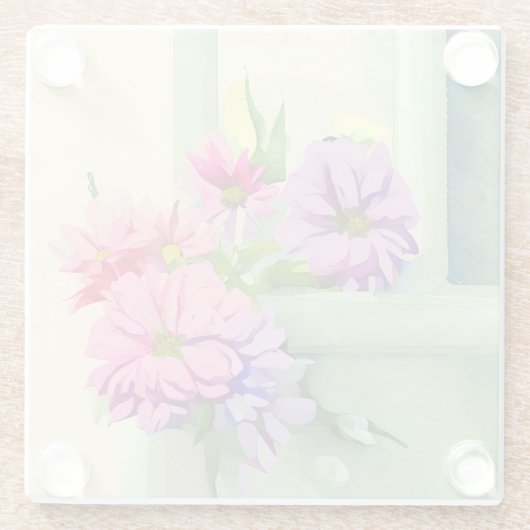 Rosa und violette Blumen auf Fensterfläche Glasuntersetzer (Rückseite)