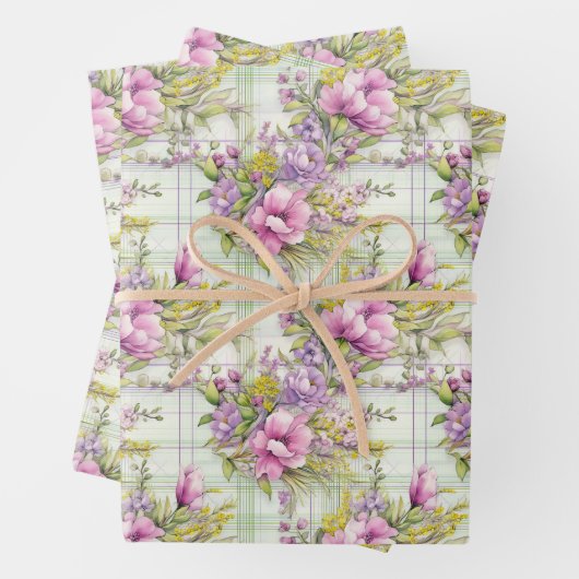 Rosa und violette Blumen auf Karierten Geschenkpapier Set (Beispiel)