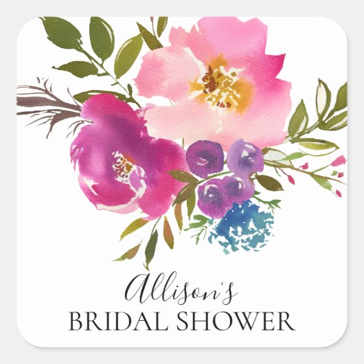 Rosa und violette Blumen Brautparty Umschlag Aufkl Quadratischer Aufkleber (Vorderseite)
