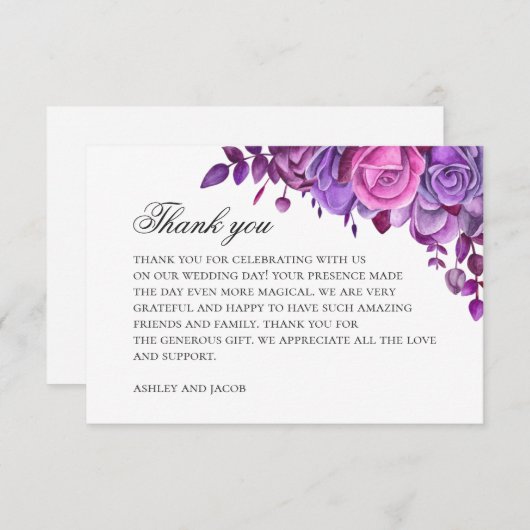 Rosa und violette Blumen. Hochzeit der Aquarelllik Dankeskarte (Vorne/Hinten)