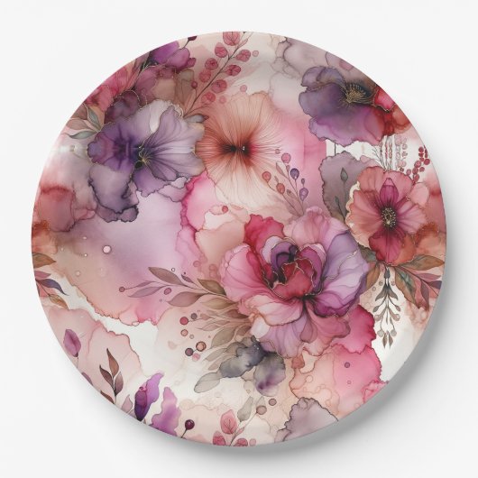 Rosa und violette Blumen im Alkohol-Tinte-Stil Pappteller (Vorderseite)