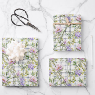 Rosa und violette Blumen im Karierten Hintergrund Geschenkpapier Set