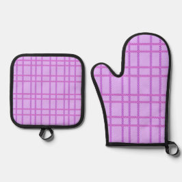 Rosa und violette Blumen kariertes Muster Ofenhandschuh & Topflappen-Set