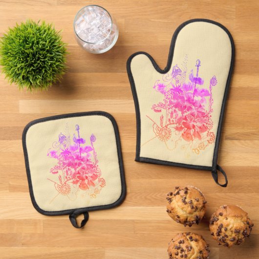 Rosa und violette Blumen Ofenhandschuh & Topflappen-Set (Oben Unten)