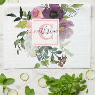 Rosa und violette Blumen personalisiert  Geschirrtuch