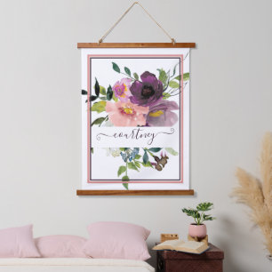 Rosa und violette Blumen personalisiert Wandteppich Mit Holzrahmen