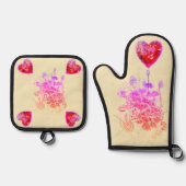 Rosa und violette Blumen und Herz Ofenhandschuh & Topflappen-Set (Vorderseite)