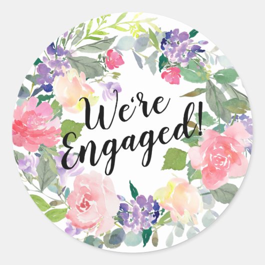 Rosa und violette Blumen Wir sind Verlobte Wasserf Runder Aufkleber (Vorderseite)