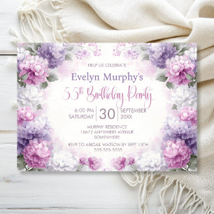 Rosa und violette Blumenparty zum 55. Geburtstag Einladung