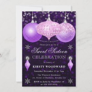 Rosa und violette Christbaumkugeln Süße 16 Weihnac Einladung