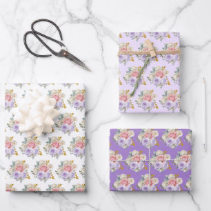 Rosa und violette elegante Blumen Geschenkpapier Set