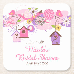 Rosa und violette florale Vogelkäfige Brautparty Rechteckiger Pappuntersetzer
