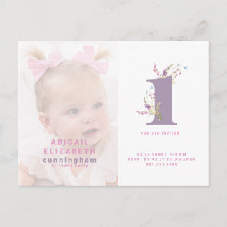 Rosa und violette Foto-Einladung zur 1. Geburtstag Postkarte