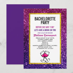 Rosa und violette funkelnde Glitter-Junggesellinne Einladung