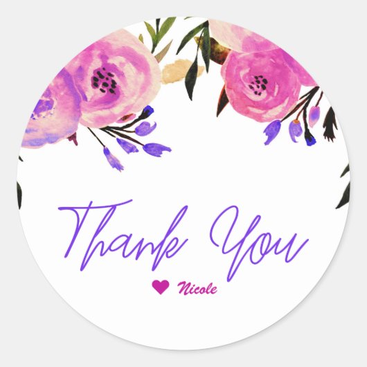 Rosa und violette moderne Floral-Hochzeitsdusche Runder Aufkleber (Vorderseite)
