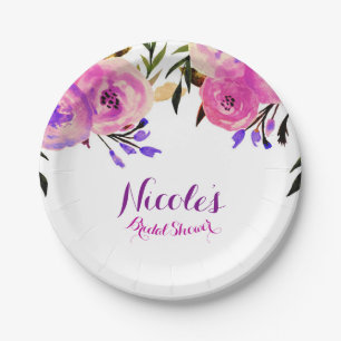 Rosa und violette moderne florale Hochzeitsdusche Pappteller