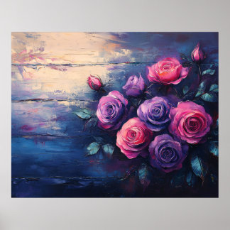 Rosa und violette Rosen auf Holz Poster