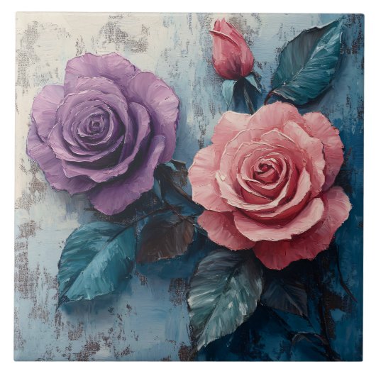 Rosa und violette Rosen Distressed Hintergrund Fliese (Vorderseite)