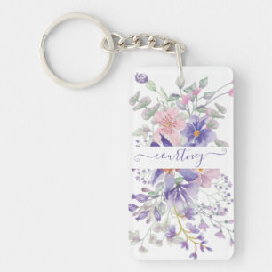 Rosa und violette Wasserfarbe floral personalisier Schlüsselanhänger