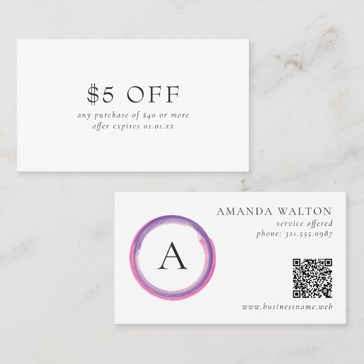 Rosa und violettes Monogramm QR-Code Modern Rabattkarte (Vorne/Hinten)