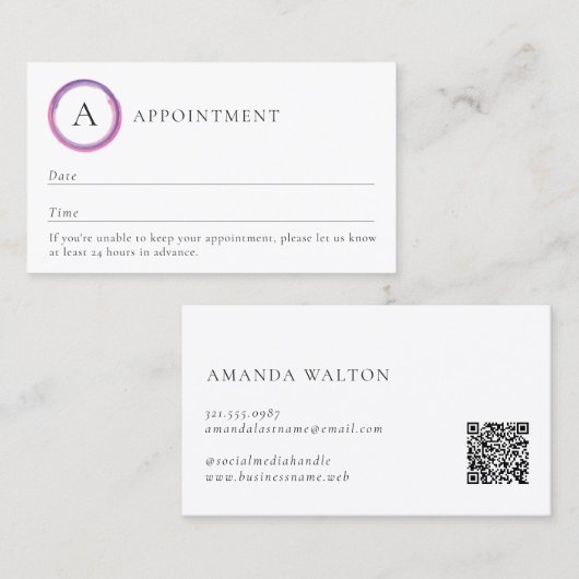 Rosa und violettes Monogramm QR-Code Modern Terminkarte (Vorne/Hinten)