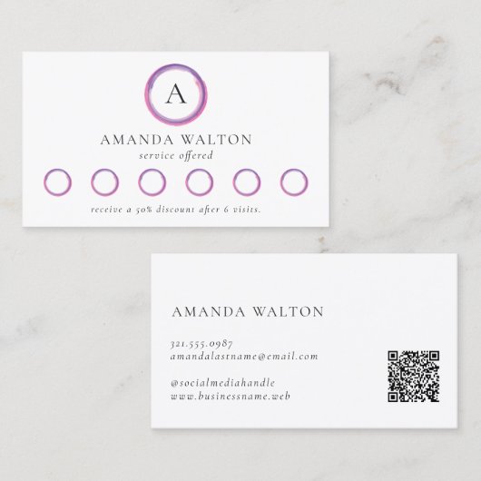 Rosa und violettes Monogramm QR-Code Modern Treuekarte (Vorne/Hinten)