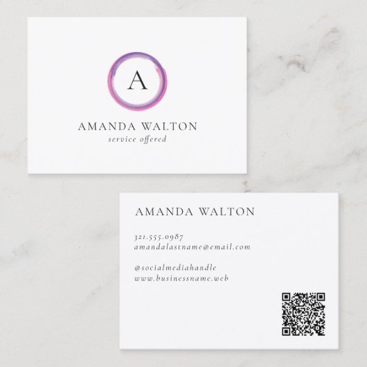 Rosa und violettes Monogramm QR-Code Modern Visitenkarte (Vorne/Hinten)
