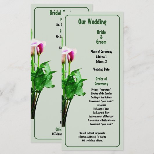 Rosa und Weiß Calla Lilies Hochzeitsprogramm Programm (Vorne/Hinten)