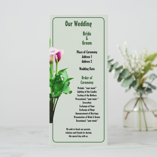Rosa und Weiß Calla Lilies Hochzeitsprogramm Programm (Stehend Vorderseite)