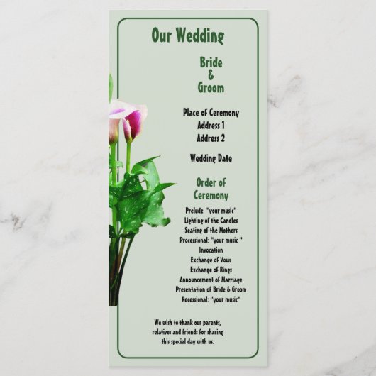 Rosa und Weiß Calla Lilies Hochzeitsprogramm Programm (Vorderseite)