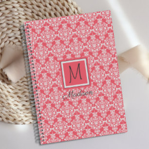 Rosa und Weiß Damast Trend Monogramm Planer