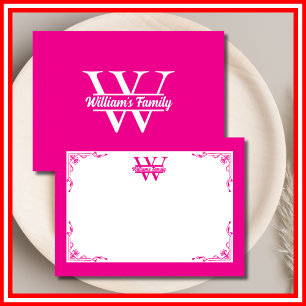Rosa und Weiß   Einfaches Familienname-Monogramm Mitteilungskarte