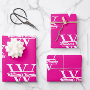 Rosa und Weiß Einfaches Familiennamensmonogramm Geschenkpapier Set