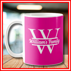 Rosa und Weiß Einfaches Familiennamensmonogramm Kaffeetasse