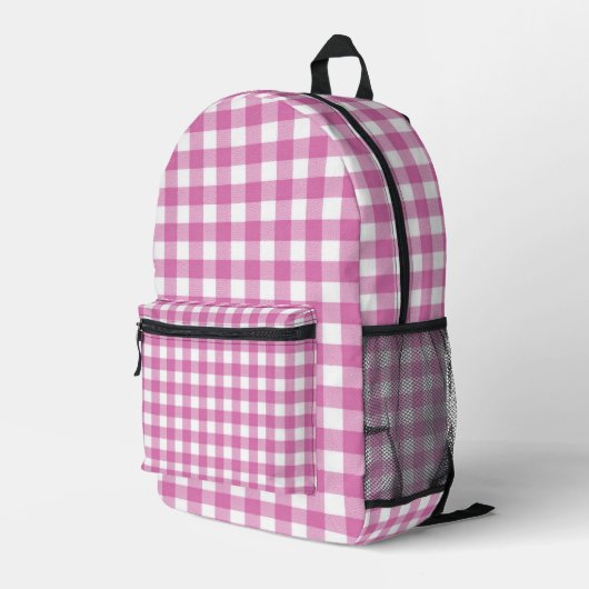 Rosa und Weiß Gingham Print Bedruckter Rucksack (Rückseitige Ecke Rechts)